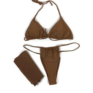 Brown 3 Piece Bikini Set Triangle Top High Cut Bottoms Cover Up